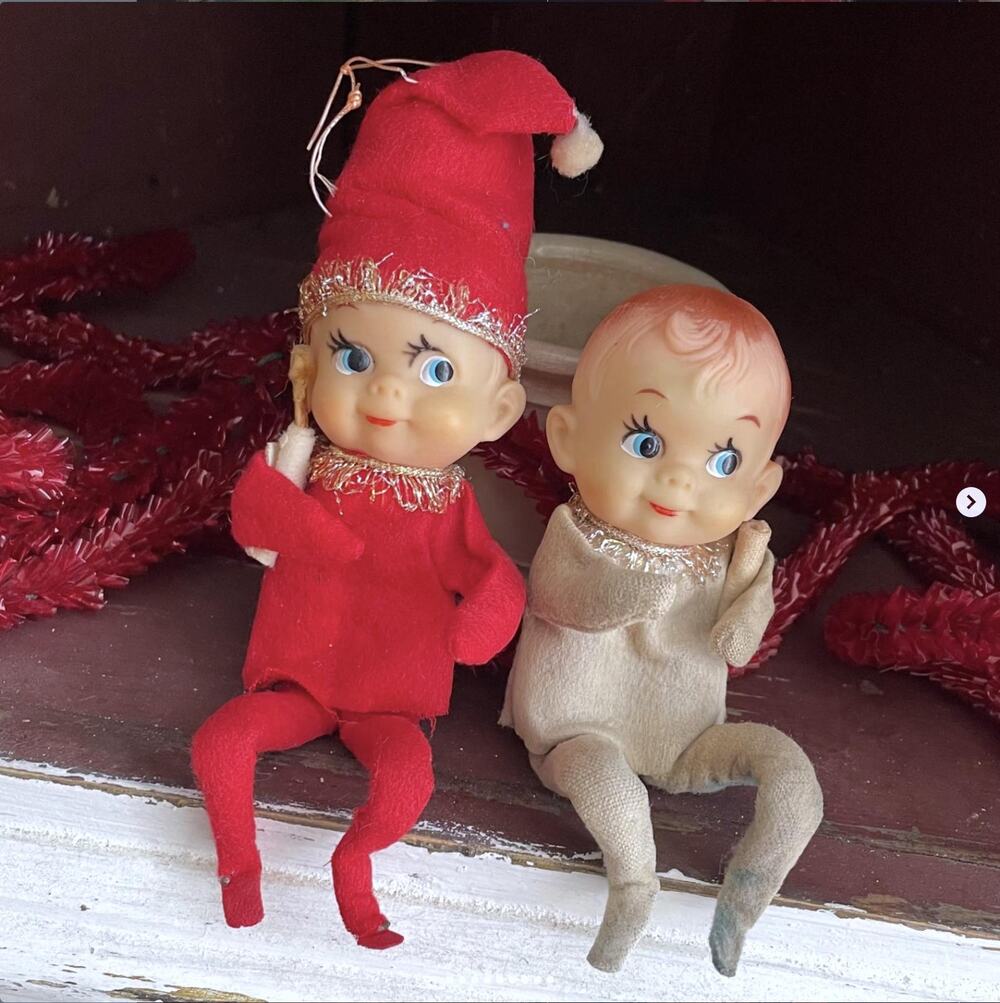 Vintage Christmas Knee Hugger Elf Rubber Bendable Arms Legs Japan Kitsch PAIR